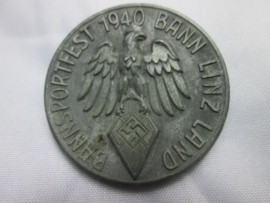 German tinnie, rally badge, Duitse tinnie, very very very never seen rare organisation HJ badge. Bannsportfest 1940 Bann Linz Land Hitler jugend Austria organisation badge. marked  F.Orth Wien. Zeer zeldzaam embleem massief stuk.