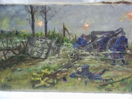 Painting oil on canvas, signed by a battlefield artist. Schilderij Franse artilleriestelling in WO1 word aangevallen, gesigneerd TOP