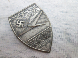 German tinnie, Rally badge, Duitse tinnie H.J. Luftfahrtwerbung 1934 Deutsche Jugend muss Fliegen, H.J. - NSFK related, very rare. Zeldzame H.J. tinnie zweefvliegen.