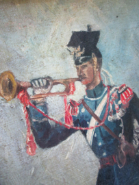 German painting. Schilderij olie op canvas, met houten lijst, Duitse Ulaan met trompet, op de helm het Pruisisch embleem leuk klein schuilderij. 25 bij 35 cm met lijst.
