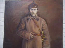 Nieuw schilderij, Russische soldaat met kozakken zwaard en typische muts. groot formaat; 90 bij 70 cm. geschildert rond 1995- 2005..