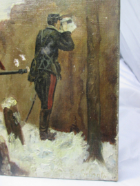 Painting from a war-painter. in an attick found condition. E. Gebrats. Schilderij oorlogs situatie gemaakt door een oorlogsschilder. zeer slechte staat, maar wel bijzonder Oorlogsschilders vind je niet veel werk van.
