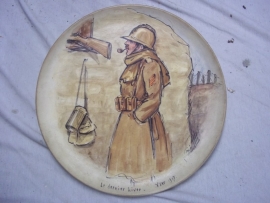 Remembrance plate with a Belgium soldier on the Ijser.Herinneringsbord Belgische soldaat aan de Ijser, met achterop de handtekeningen van de oudstrijders, uit de jaren 50.