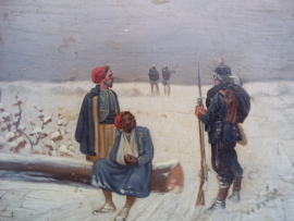 Painting small size 17 bij 14 cm by Christiaan Sell, very famous. Schilderij op hout gevangen koloniale soldaten TOP