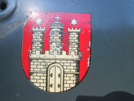 German Border patrol Security helmet double Decal Hamburg. Duitse helm van de BGS Bundes Grenz Schutz, dubbele decal nationale kleur en embleem van de stad Hamburg TOP helm.