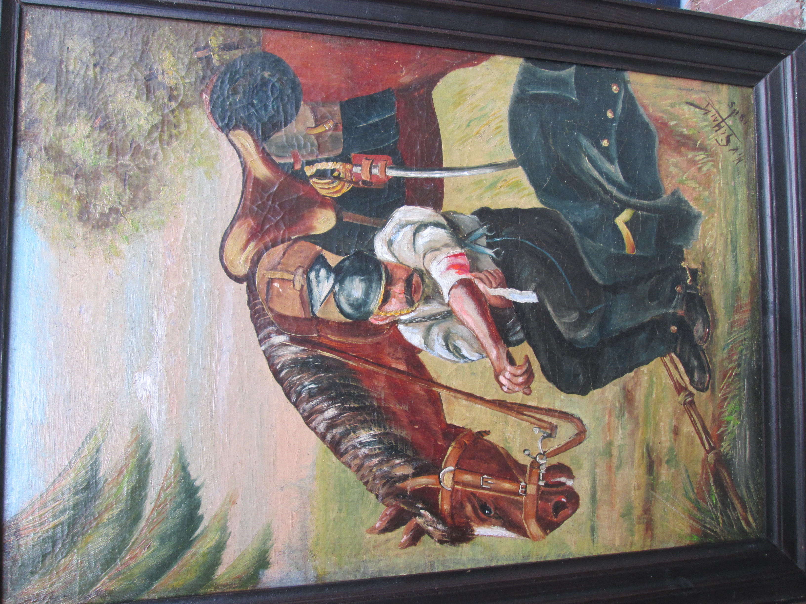 Painting on wood. Schilderij olieverf op paneel gesigneerd H.v.Schaik 1915, Een Ulaan verbind zijn verwonding, mooi apart geschilderd oorlogs tafereel