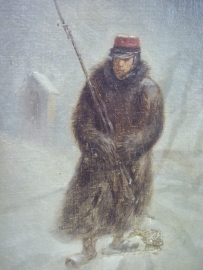 Painting oil on canvas, French soldier crimean war. little damage.Schilderij olie op doek Franse soldaat in winterkleding  op zijn post gesigneerd.kleine beschadiging