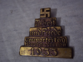 German tinnie, rallybadge, Duitse tinnie Arbeit und Friede Gauparteitag Hessen-Nassau 1933