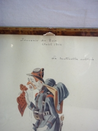 Drawing, water- coloured,Belgium soldier say goodbye and is sat.1914, Aquarel van een Belgische soldaat Wielrijder, die afscheid neemt om naar het front te gaan, mooie karikatuur schets gesigneerd 1914