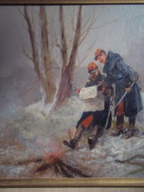 Painting, French officers 1915 Schilderij van Franse officieren die de map bestuderen, tafereel rond 1915 mooi ingelijst  31 - 41 cm ingelijst 45 - 55 cm, zeer decoratief schilder is A.BALQUET.