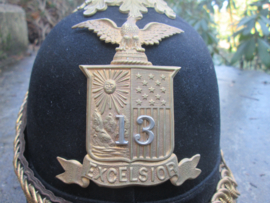 US cloth helmet M1860 New/York National Guard Excelsior Brigade 1861/1864 Pinhelm Amerikaanse helm vuurverguld beslag nette staat bijzonder stuk.