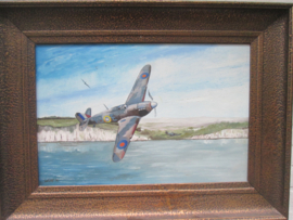 Painting spitfire, Schilderij olie op canvas Spitfire voor de krijtrotsen van Dover  W.Kloet 1986.