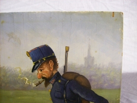 Schilderij op houten paneel, militair tafereel, Als de landweer huis toe gaat, mobilisatie 1914