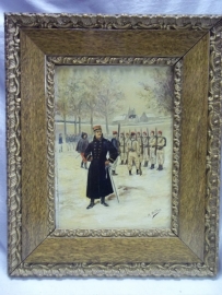 Painting French soldiers excercise. signed M.Millot. Schilderij in lijst olieverf op hout of karton, zeer decoratief leuke voorstelling.34 bij 27 cm.