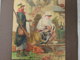 Watercoloured Belgium soldiers and a nurse. signed and dated 1919. Aquarel van 2 Belgische soldaten, waarvan 1 verzorgd word door een verpleegster, zeer realistisch stuk gesigneerd 1919.