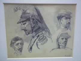 Pencil drawing of Otto von Faber du Faur. 1828- 1901,study of Military heads,Originele potloodtekening, kopstudie van soldaten, met prachtig getekende Franse Kurassier. TOP ingelijst met paspartout.