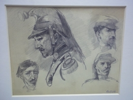 Pencil drawing of Otto von Faber du Faur. 1828- 1901,study of Military heads,Originele potloodtekening, kopstudie van soldaten, met prachtig getekende Franse Kurassier. TOP ingelijst met paspartout.