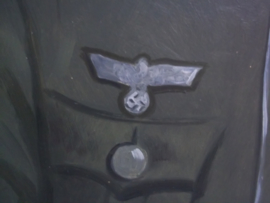 Painting German soldier with M34 fieldcap. Schilderij Duitse soldaat niet gesigneerd, geschilderd op hardboard, zeer gedetailleerd en duidelijk. TOP werk.