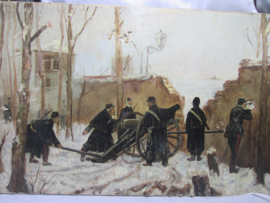 Painting from a war-painter. in an attick found condition. E. Gebrats. Schilderij oorlogs situatie gemaakt door een oorlogsschilder. zeer slechte staat, maar wel bijzonder Oorlogsschilders vind je niet veel werk van.
