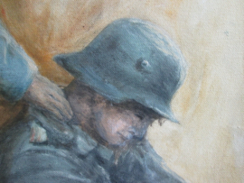 Painting oil on canvas. French officer with a german soldier first world war. Schilderij Franse officier troost een Duitse soldaat na de capitulatie in Nov. 1918. afmeting 60 bij 80 cm.