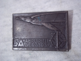 German tinnie, rally badge, Duitse tinnie, SA Kampfspiele Gera 1937, met maker, hersteller.