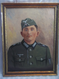 Painting German soldier with M34 fieldcap. Schilderij Duitse soldaat niet gesigneerd, geschilderd op hardboard, zeer gedetailleerd en duidelijk. TOP werk.