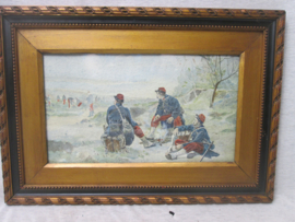 water- coloured painting of three French soldiers and their campfire WW1. Aquarel, 3 Franse soldaten bij het kampvuur, mooi schets met heldere kleuren TOT stukje.