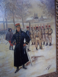 Painting French soldiers excercise. signed M.Millot. Schilderij in lijst olieverf op hout of karton, zeer decoratief leuke voorstelling.34 bij 27 cm.
