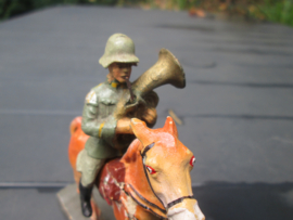 ELASTOLIN German soldier on horse. Duitse soldaat met tuba muziekinstrument op paard goede staat.