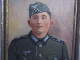 Painting German soldier with M34 fieldcap. Schilderij Duitse soldaat niet gesigneerd, geschilderd op hardboard, zeer gedetailleerd en duidelijk. TOP werk.