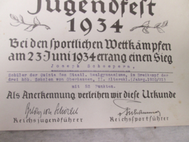 German Hitler- Youth sport award. Duitse H.J.  Hitler- Jugend sport- oorkonde Deutsches Jugend fest 1934 mooi ingevuld.