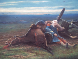 Painting first world war after the battle. Schilderij met als afbeelding een Franse soldaat bij zijn paard. Zeer deskundig geschilderd op canvas, groot formaat