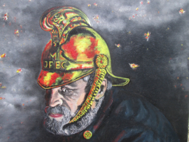 Painting of a British fireman with merry weather helmet. schilderij olieverf op canvas Typische Engelse brandweerman met koperen helm.
