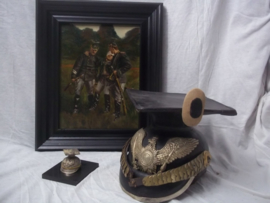 Schilderij olie op canvas gesigneerd J.ROMEIN  --  A mon ami Max. afmeting met lijst 37 x 31 cm.  3 Ulanen waarvan 1 gewond, word gedragen op een geweer. 3e Garde regiment Ulanen.