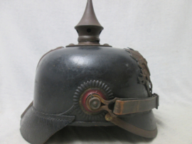 German spike helmet Attick-found in belgium ( Roeselare). Duitse pickelhaube was vanaf WO1 in het bezit van een Belgische familie in Roeselare. mist 1 cocarde en heeft wat vlugroest Bekleidungs ambt 18e Legerkorps.