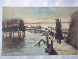 Miniatuur schilderijtje Belgische SOLDAAT OP WACHT op postkaart formaat, geschilderd door de kunstenaar VENNEKENS. op een oude postkaart, zeer decoratief , zie ook zijn ander werk.
