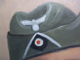 Painting German soldier with M34 fieldcap. Schilderij Duitse soldaat niet gesigneerd, geschilderd op hardboard, zeer gedetailleerd en duidelijk. TOP werk.