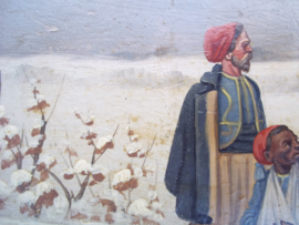 Painting small size 17 bij 14 cm by Christiaan Sell, very famous. Schilderij op hout gevangen koloniale soldaten TOP