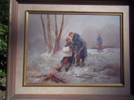Painting, French officers 1915 Schilderij van Franse officieren die de map bestuderen, tafereel rond 1915 mooi ingelijst  31 - 41 cm ingelijst 45 - 55 cm, zeer decoratief schilder is A.BALQUET.