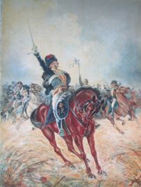 Painting charge of the British Cavalery, nicely painted and signed on hardboard. Schilderij Britse cavalerie in de aanval mooi schilderij op hardboard, gesigneerd met datum 1914.