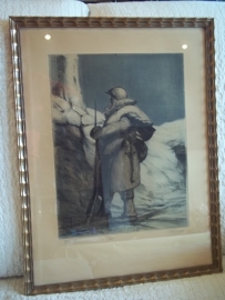 Nice print signed and numbered. Druk, genummerd en gesigneerd, Belgische soldaat aan de ijzer WO1, ingelijst.