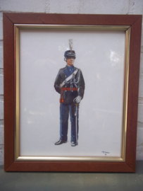 Aquarel officier van de Koninklijke marechaussee getekend door P.J. de Haas in 1992, mooi ingelijst TOP item.