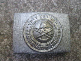 German WW2 firebrigade buckle metal. Duits koppelslot Feuerschutzpolizei. metaal, manschappen uitvoering. WO2 gedragen.