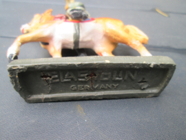 ELASTOLIN German soldier on horse. Duitse soldaat met tuba muziekinstrument op paard goede staat.