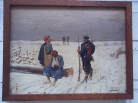Painting small size 17 bij 14 cm by Christiaan Sell, very famous. Schilderij op hout gevangen koloniale soldaten TOP