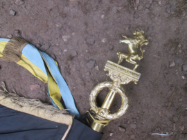 Belgische oudstrijders verenigings vlag van Anderlecht zeer goede staat compleet met metalen leeuw en bamboevlaggenstok.