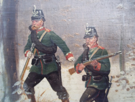 Painting Christiaan Sell, 1870. Schilderij op hout 3 Duitse soldaten TOP, zeer gedetailleerd.  18 bij 15 cm