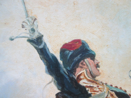 Painting charge of the British Cavalery, nicely painted and signed on hardboard. Schilderij Britse cavalerie in de aanval mooi schilderij op hardboard, gesigneerd met datum 1914.