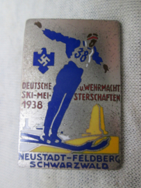 German tinnie, rally badge, Duitse tinnie Deutsche Wehrmacht Ski- Meisterschaften 1938. Neustadt- Feldberg Schwarzwald.  sport tinnie. maker B.H. Mayer Pforzheim