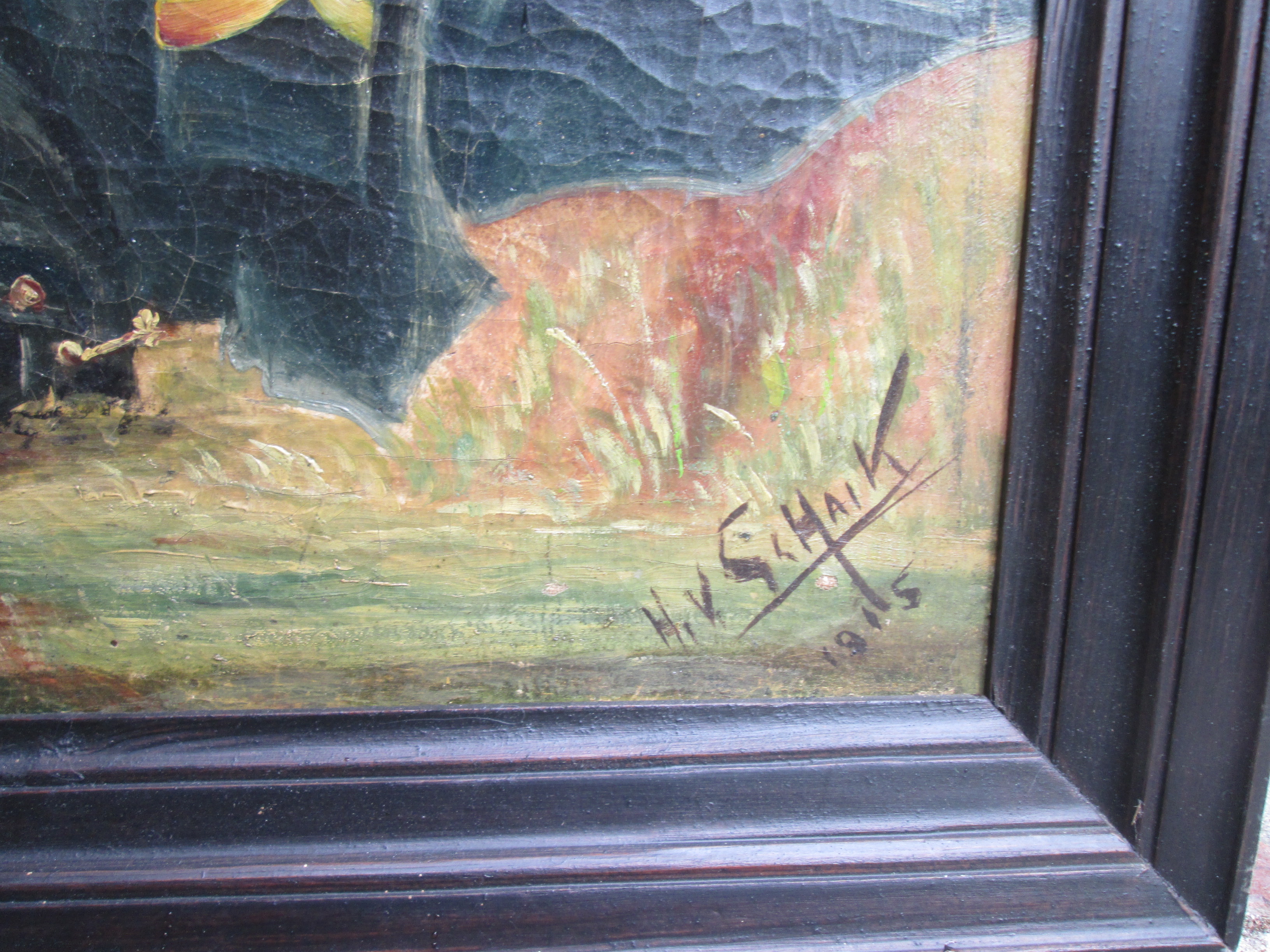 Painting on wood. Schilderij olieverf op paneel gesigneerd H.v.Schaik 1915, Een Ulaan verbind zijn verwonding, mooi apart geschilderd oorlogs tafereel
